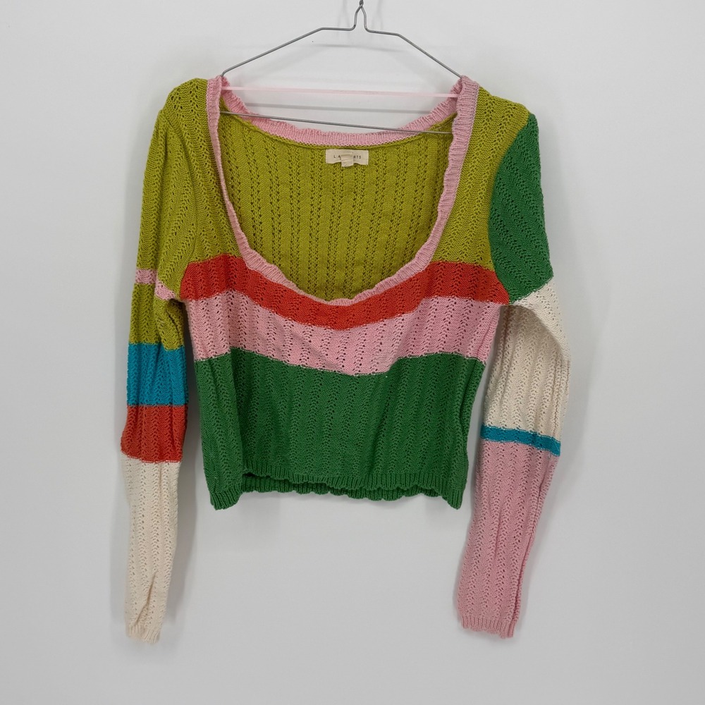 L.A. Hearts Women Sweater Pointelle Colorblock Green Pink Large